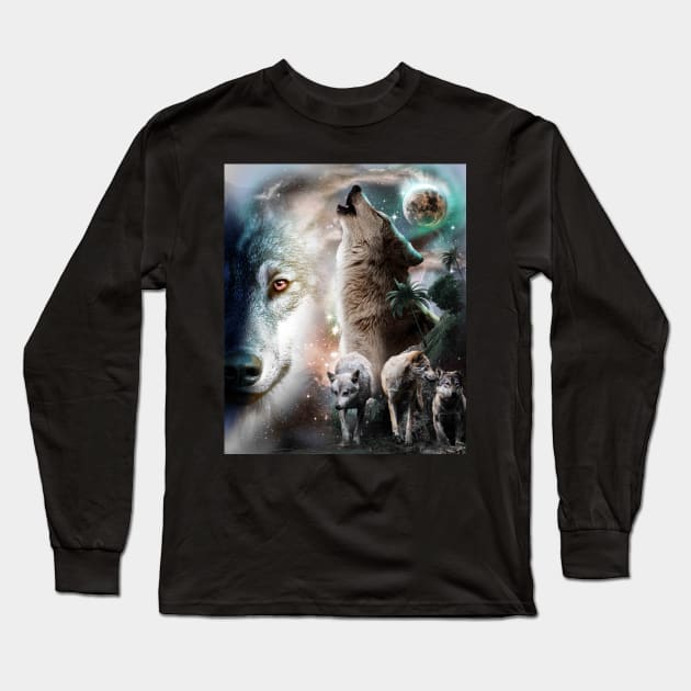 Space Wolves Wolf Howling At Moon Long Sleeve T-Shirt by Random Galaxy